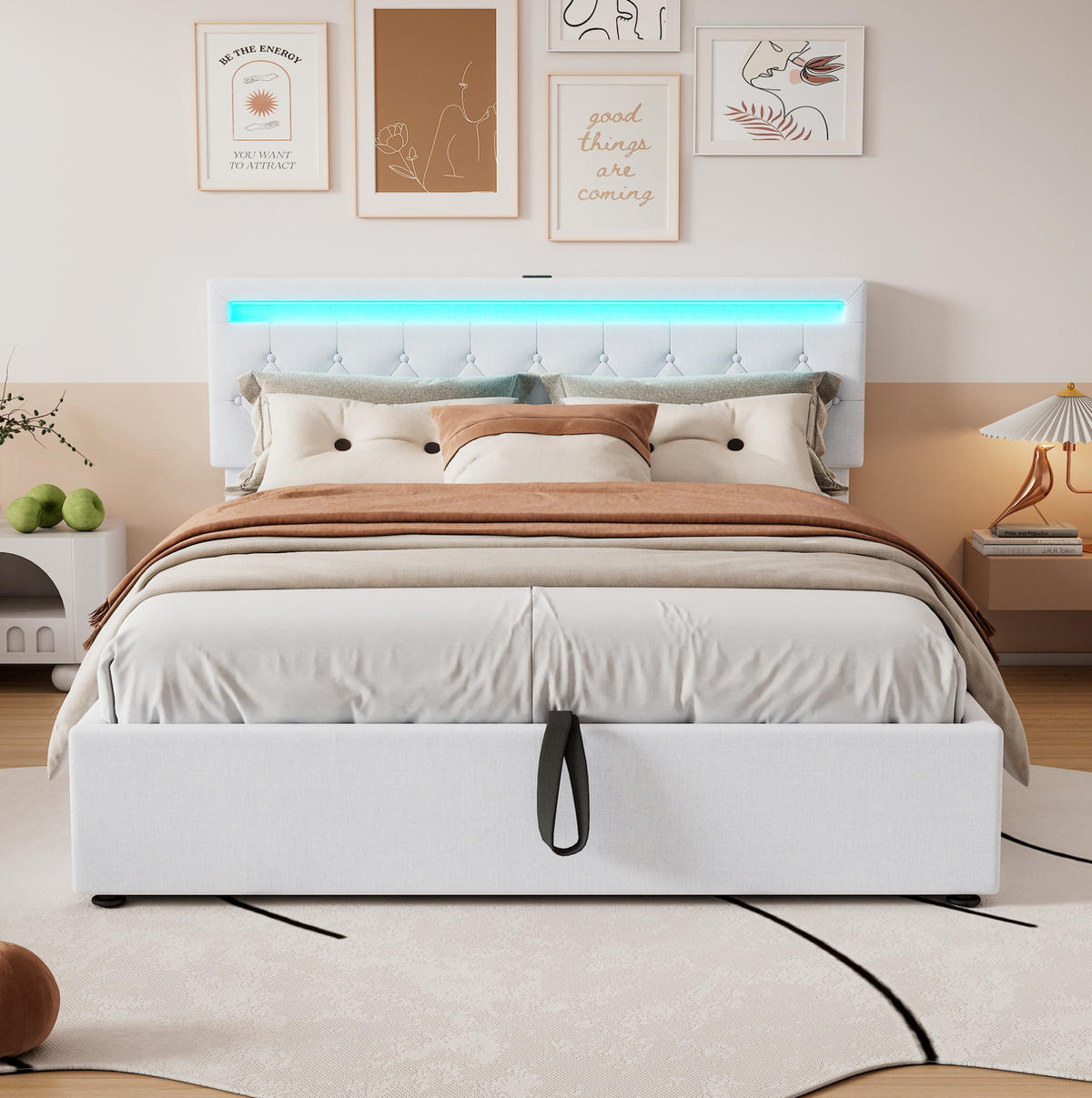 POLSTERBETT 160/200 cm Weiß mit LED-Beleuchtung und hydraulischem Stauraum - Weiß, Textil (160/200cm) - OKWISH