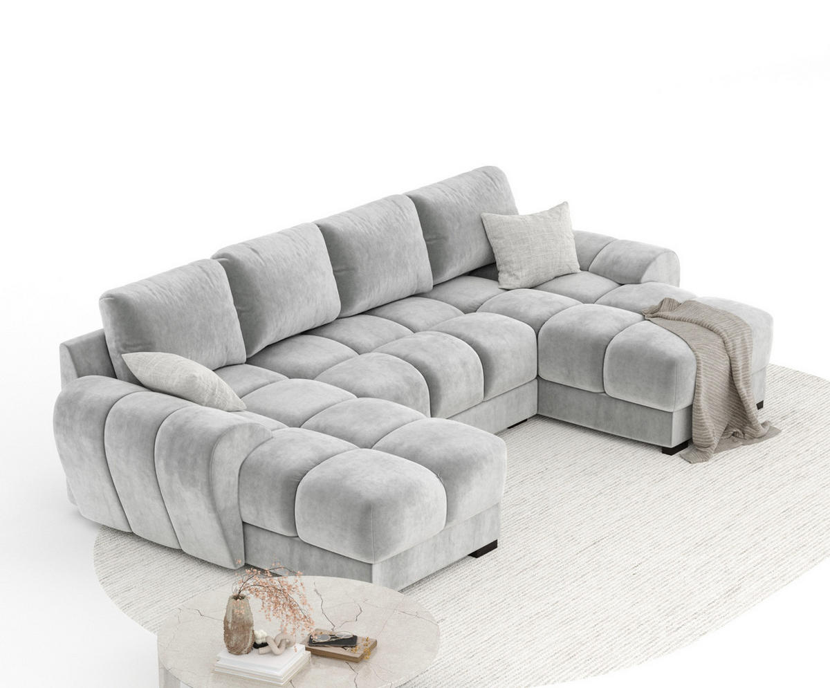 WOHNLANDSCHAFT Peebles Creme Samtstoff - Creme/Schwarz, Holz/Holzwerkstoff (330/90/175cm) - Maison de Reve