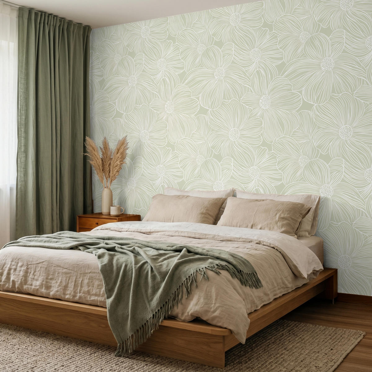 TAPETE - Gelassenheit - Blumen - Grün - 240x200 cm - Salbeigrün, Papier (240/200cm) - OnlyWow
