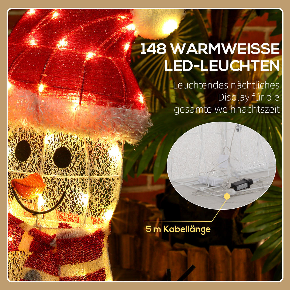 148ER LED Schneemann, Weihnachtsdeko in warmweiß, Weihnachtsbeleuchtung - Weiß, Kunststoff/Metall (34/93/67cm) - Outsunny