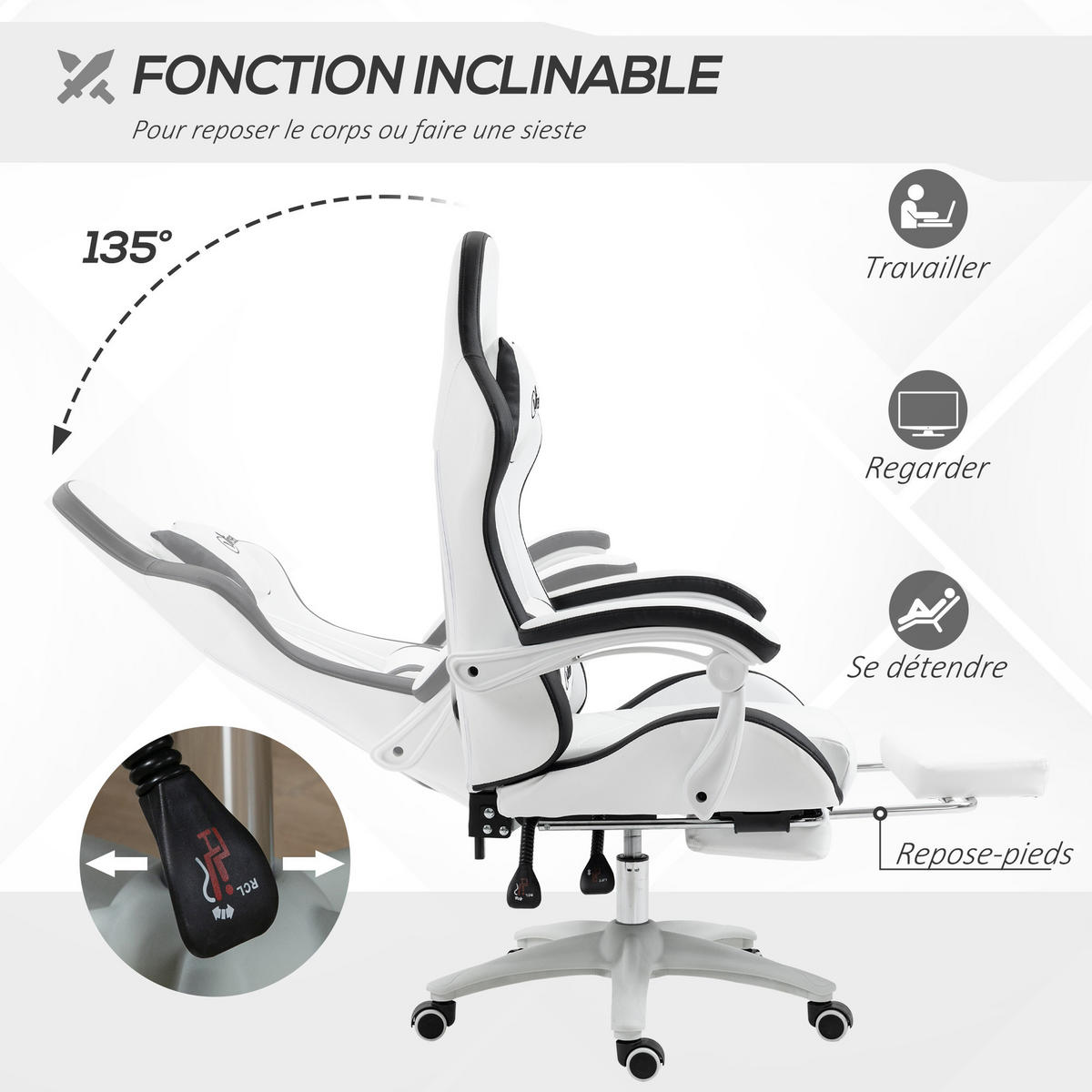 GAMINGSTUHL DE-11703 neigbar 135° mit Fußstütze Weiß/Schwarz - Schwarz, Metall (65/129/65cm) - ComfortXL