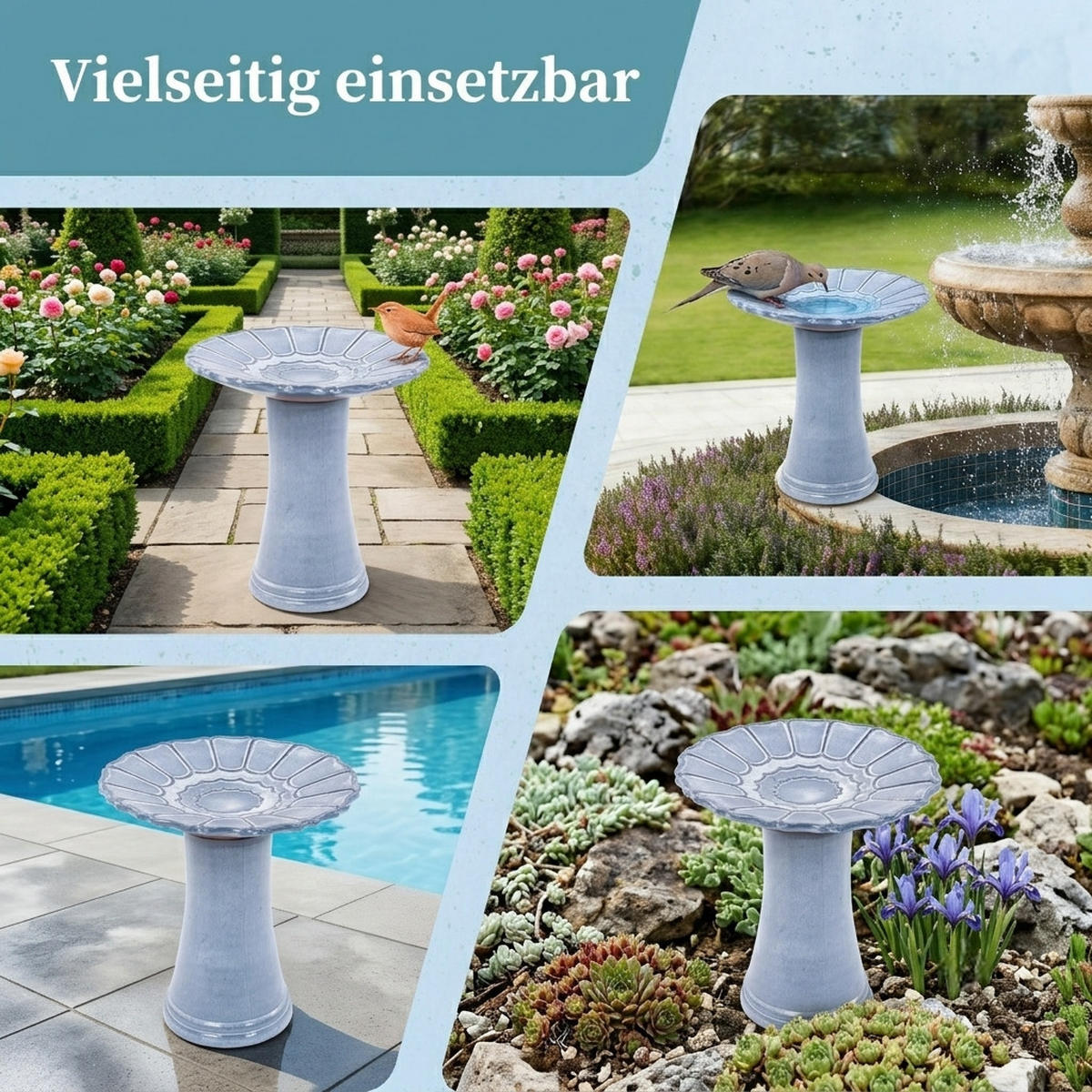 VOGELBAD mit Standfuß, Keramik Ø43/45H cm, Wetterfest, Blau-Grau - Blaugrau, Keramik (43/45/43cm) - LVHOM