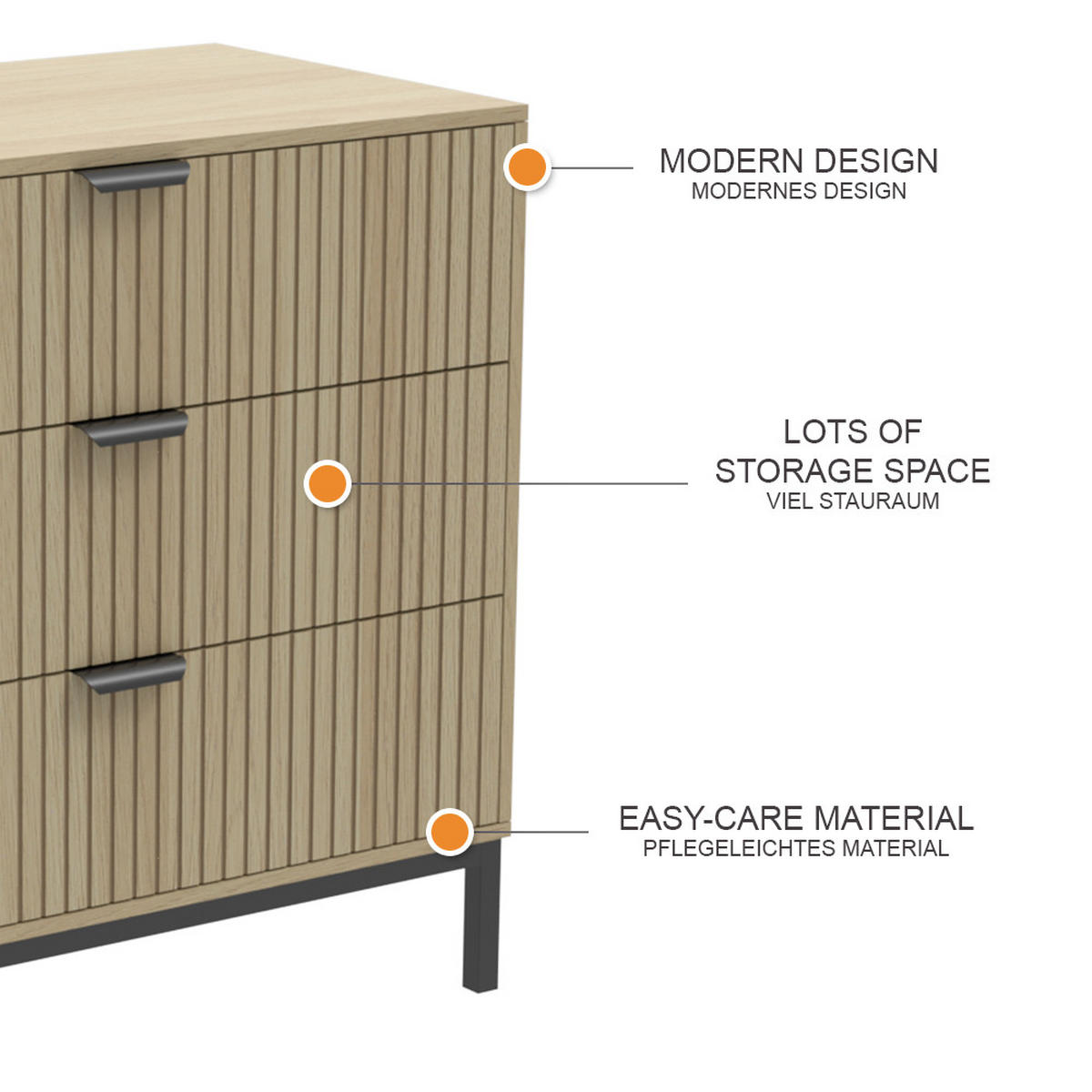 KOMMODE Lennox Eiche 72 x 69 cm mit 3 Schubladen - Eichefarben/Schwarz, Holzwerkstoff (72/69/40cm) - Vicco