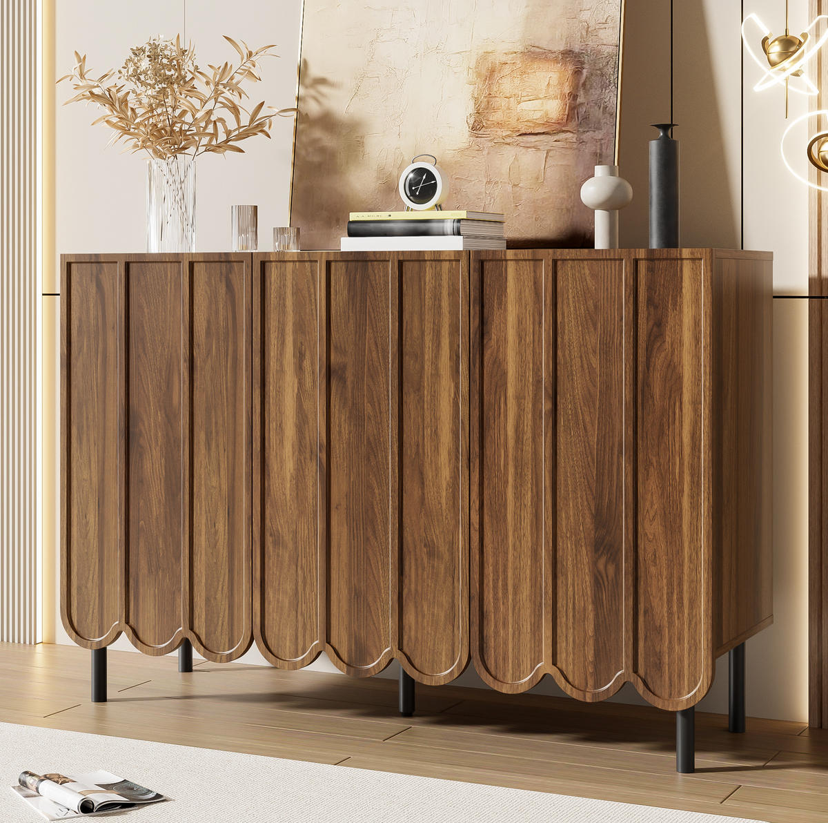 SIDEBOARD aus MDF in Walnussoptik mit Wellentüren und griffloser Rebound-Öffnung, 120/35/80 cm, Walnussoptik - Naturfarben, Holzwerkstoff (35/80/120cm) - Redom