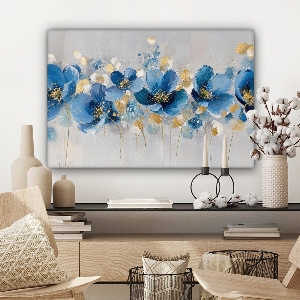 LEINWANDBILD Blumen - Blau - Abstrakt Gemälde 60x40 cm - Hellgrau, Textil (60/40cm) - MuchoWow