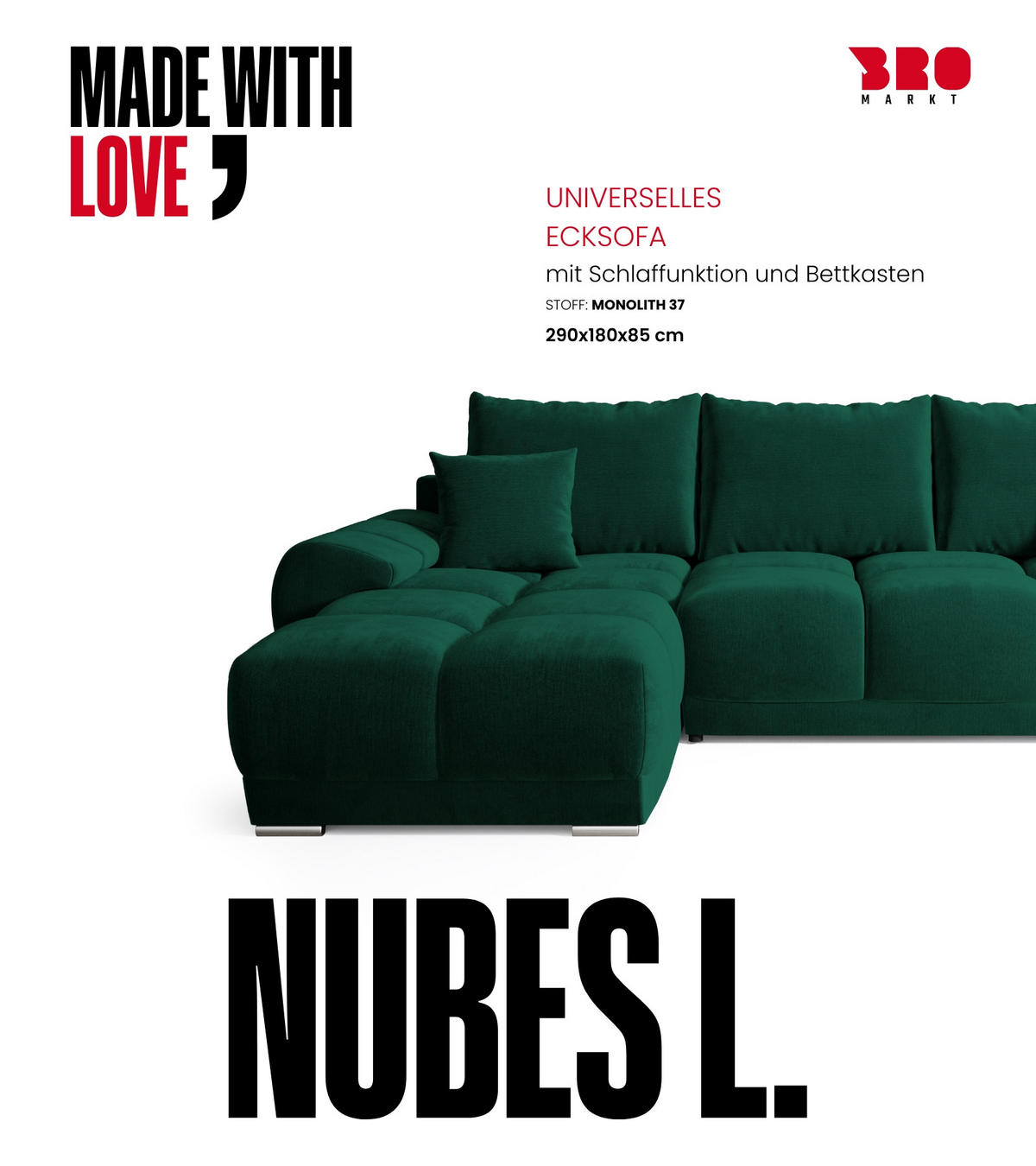 ECKSOFA Nubes mit Schlaffunktion Flaschengrün Plüsch - Dunkelgrün/Gelb, Kunststoff/Textil (290/180cm) - Bromarkt