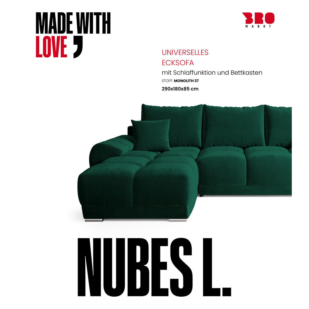 Thumbnail - Bromarkt Ecksofa, Dunkelgrün, Textil, 3-Sitzer, L-Form,L-Form, 290x180 cm, Wohnzimmer, Sofas & Couches, Wohnlandschaften...