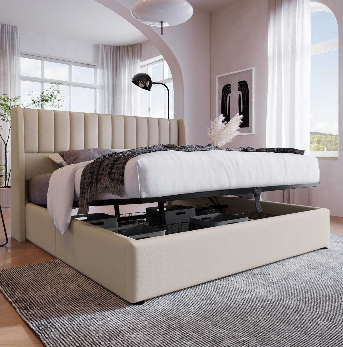 POLSTERBETT 180/200 cm mit hydraulischem Bettkasten, gepolstertem Kopfteil und Leinenbezug, Beige - Beige, Textil (180/200cm) - Redom