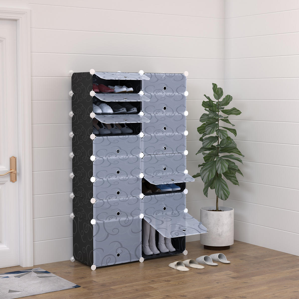 SCHUHSCHRANK DE-15474 95/37/160 cm, 14+2 Würfel, bis 32 Paar Schwarz/Weiß - Schwarz, Kunststoff (95/160/37cm) - ComfortXL