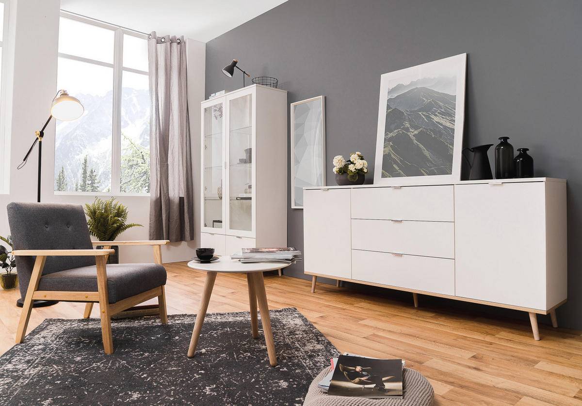 SIDEBOARD weiß matt, Eiche 180 cm skandinavisch, Kommode 2-türig - Chromfarben/Eichefarben, Holz/Holzwerkstoff (180/87/40cm) - Furn.Design