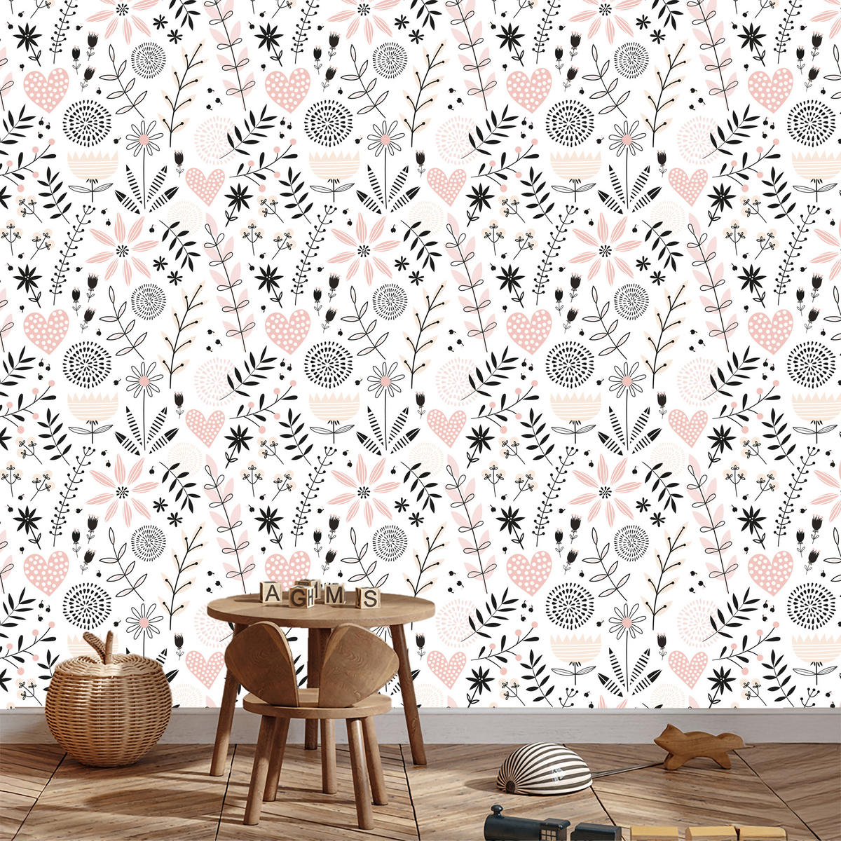 VLIESTAPETE Blumen, Herzen und Blätter – Rosa, Grau, Weiß – 50x1000 cm - Rosa/Weiß, Papier (50/1000cm) - Muralo