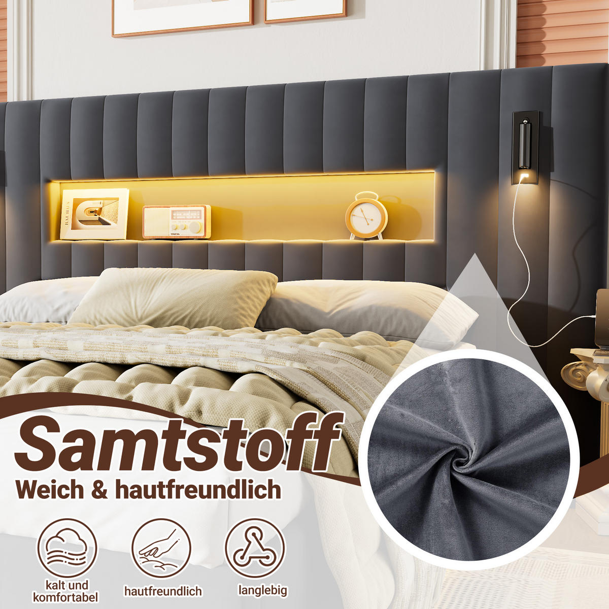 ČALOUNĚNÁ postel 140/200 cm tmavě šedá ze sametu s hydraulickým úložným prostorem, LED čtecími lampami a USB konektory - tmavě šedá, textil (140/200cm) - OKWISH