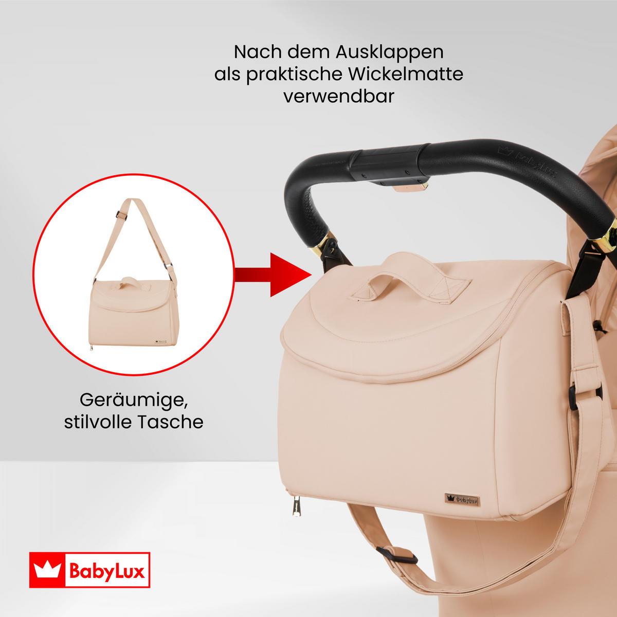 KINDERWAGEN Rosso 2in1 Beige Babywanne, Buggy Sportsitz, Faltbar, Wickeltasche - Beige/Schwarz, Textil/Metall (58/100cm) - BabyLux