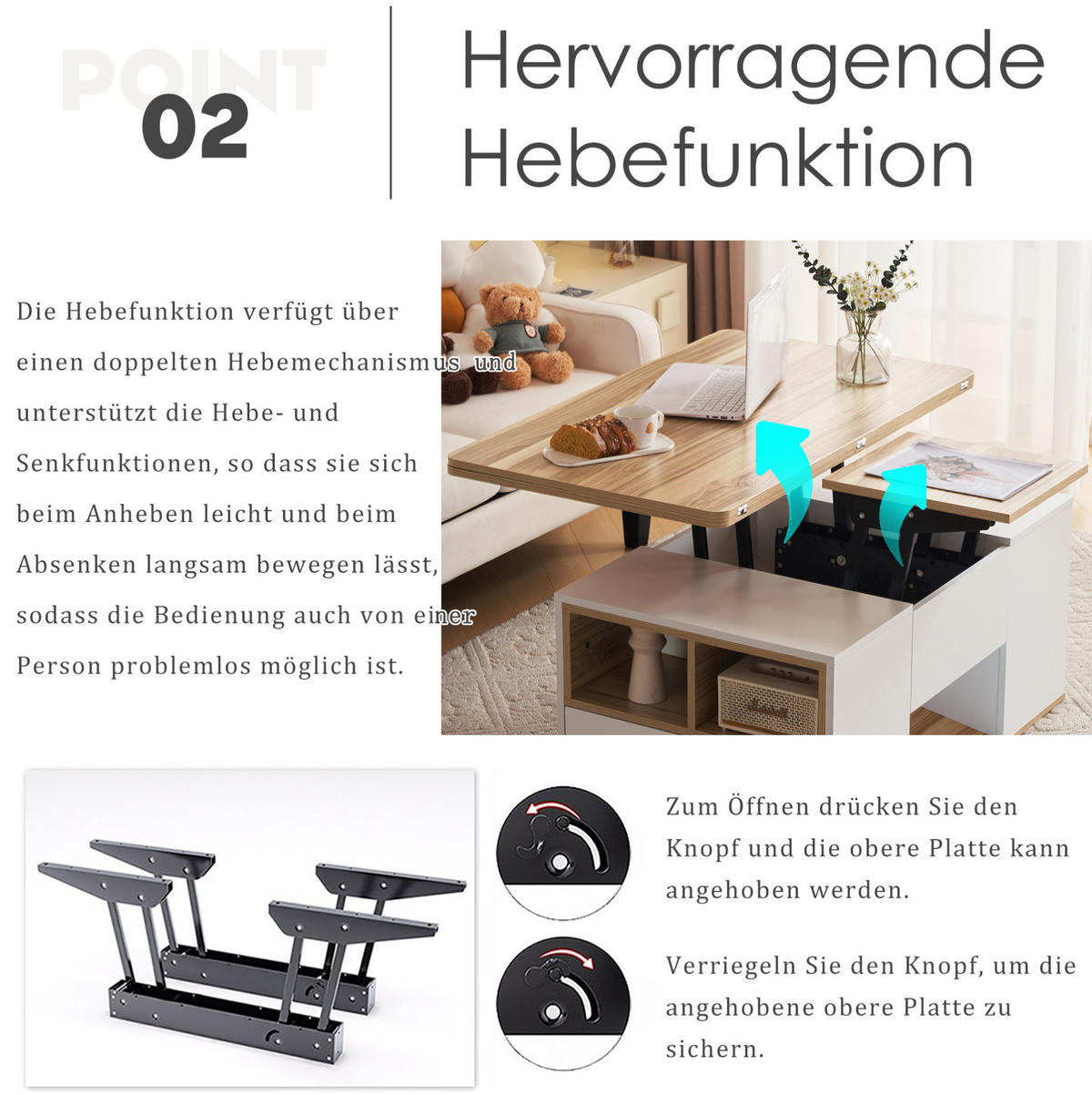 COUCHTISCH 100/51/47 cm höhenverstellbar mit 2-in-1-Tischplatte, 2 Schubladen und Stauraum aus Spanplatte, Weiß/Gelbbraun - Weiß, Holzwerkstoff (100/51/47cm) - Redom