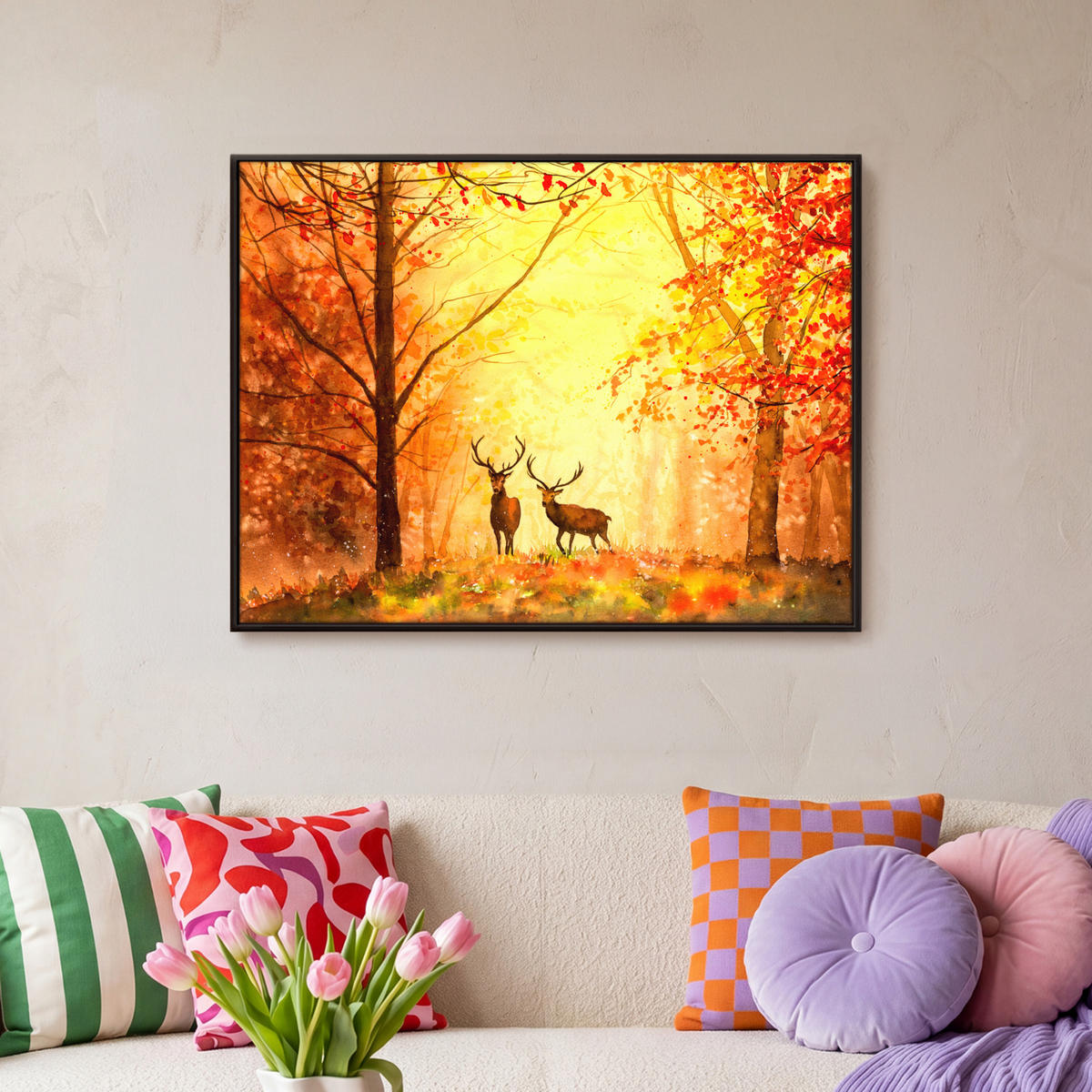 LEINWAND Bilder mit Rahmen - Natur - Ölfarbe - Hirsche - Tiere - Herbst - Orange - 80x60 - Orange, Textil (80/60cm) - MuchoWow
