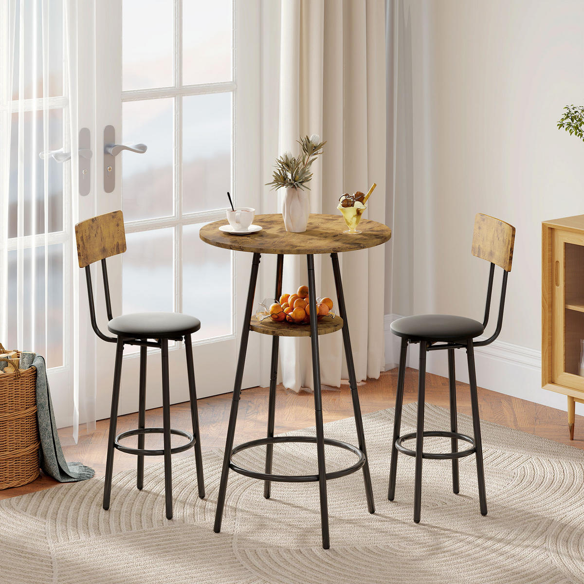 BARTISCH mit 2 Gepolsterten Stühlen mit Fußstütze, Rückenlehne, Rustikal-Braun - Braun, Holzwerkstoff (60/91/60cm) - HOMCOM