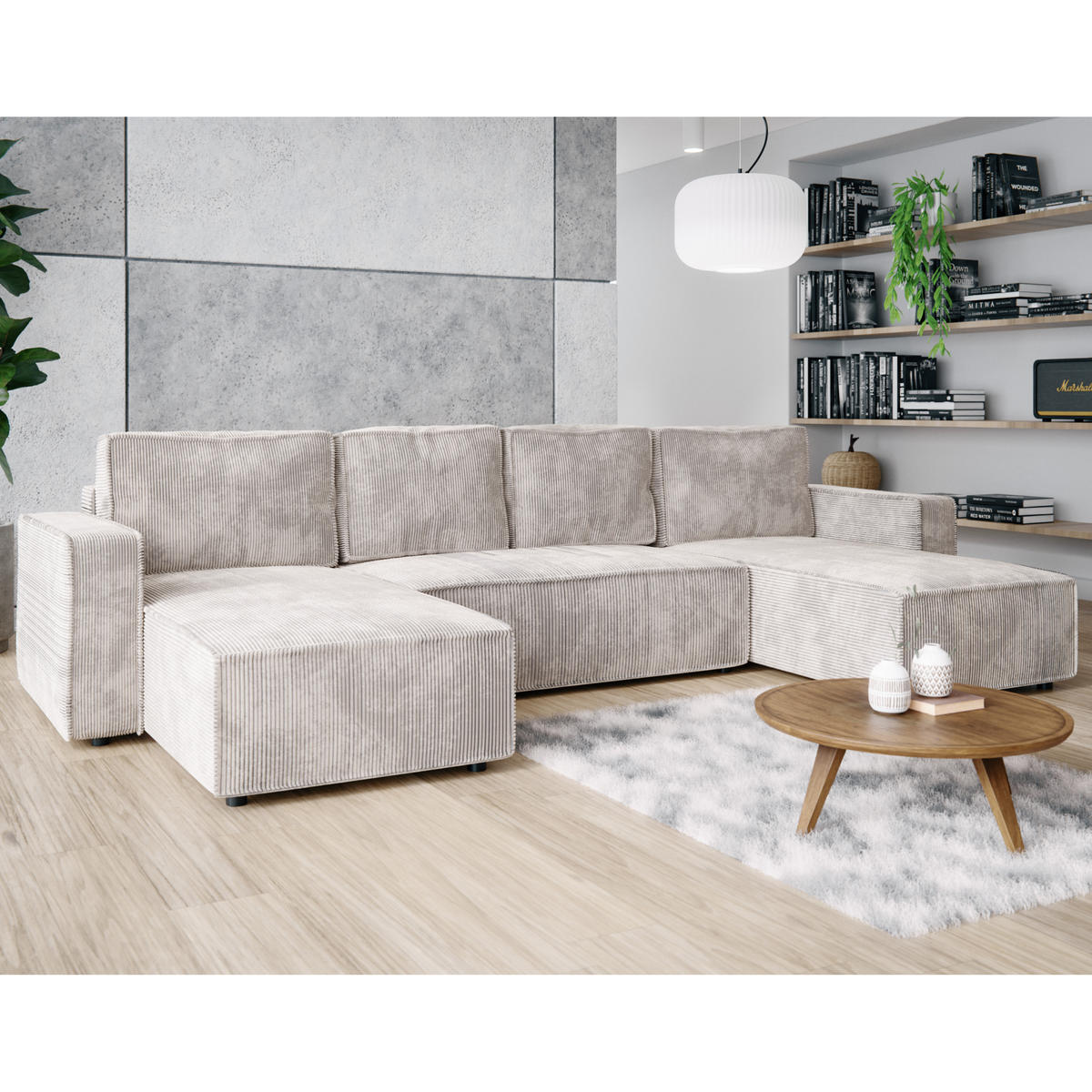 WOHNLANDSCHAFT BRIK XL 338x169 cm, Cremeweiß Cord Poso, Schlaffunktion & Bettkasten - Creme, Textil (338/85/169cm) - Excellent Home