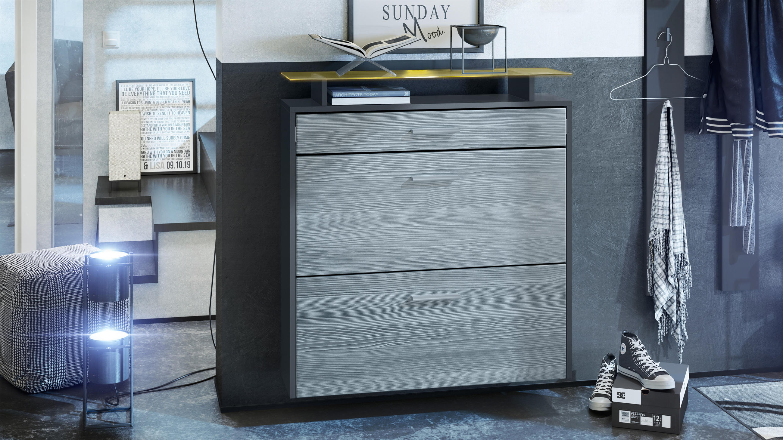 SCHUHSCHRANK Malea Fronten in Grau Hochglanz - Grau, Holzwerkstoff (89/96/23cm) - Vladon