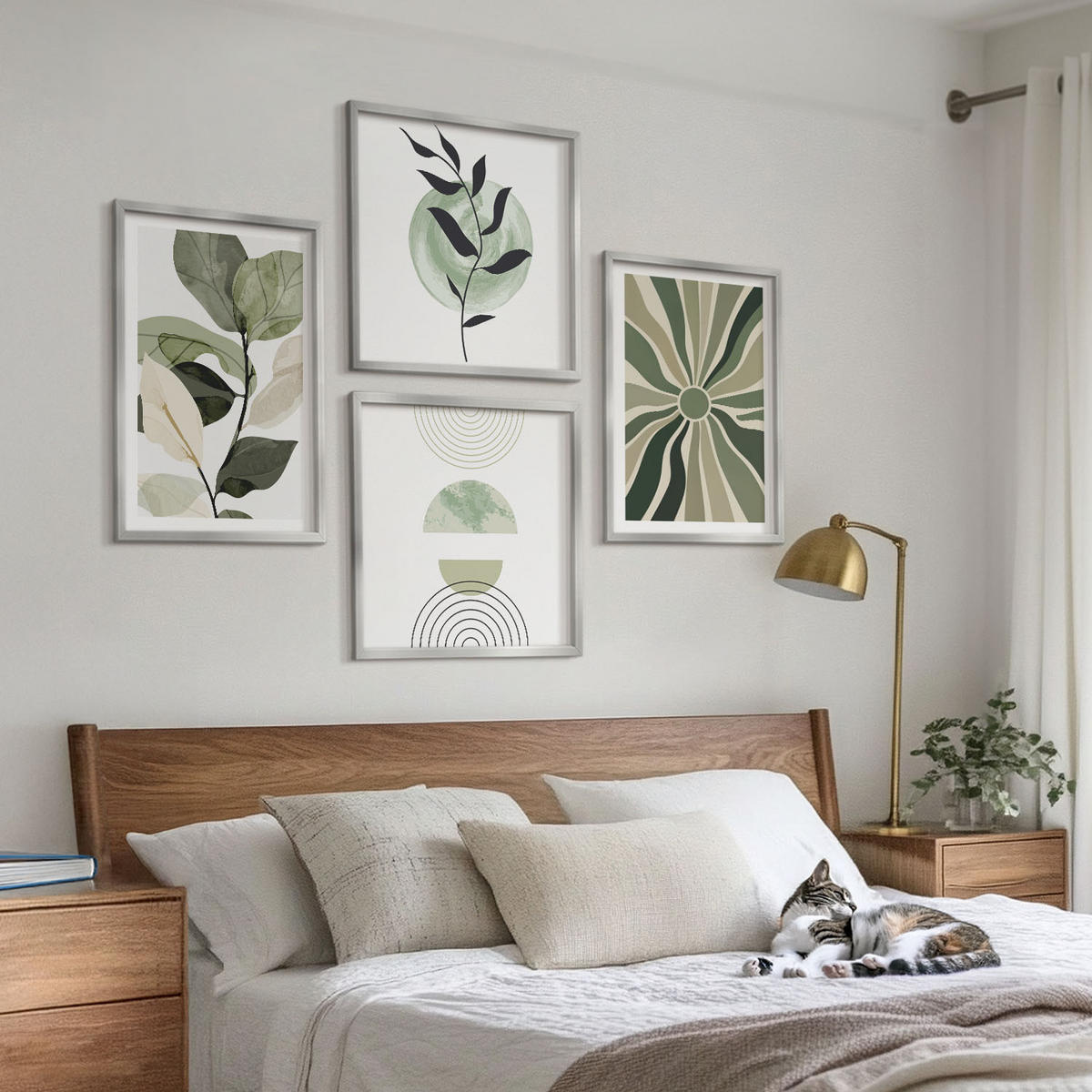 BILDER SET 4er Set - 50x50 cm & 40x60 cm Silberner Rahmen - Geometrische Pflanzenformen - Silberfarben, Kunststoff (50/50cm) - TULUP