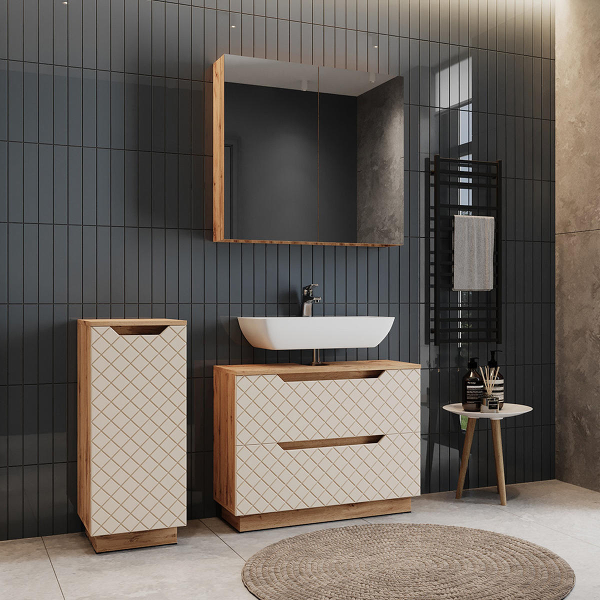 BADMÖBEL-SET Lotta Eiche/Kaschmir mit Kachelstruktur 3 Teile - Kaschmir, Holzwerkstoff (79.6/62.5/32cm) - Vicco
