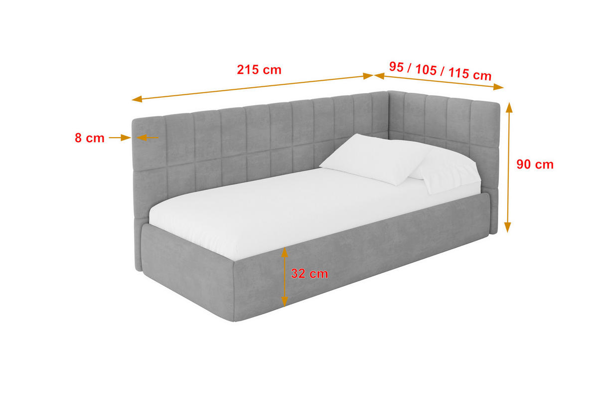 EINZELLBETT Jugendbett mit Bettkasten, Links - TULY 90x200 Grau - Hellgrau, Holzwerkstoff/Textil (90/200cm) - ALTDECOR