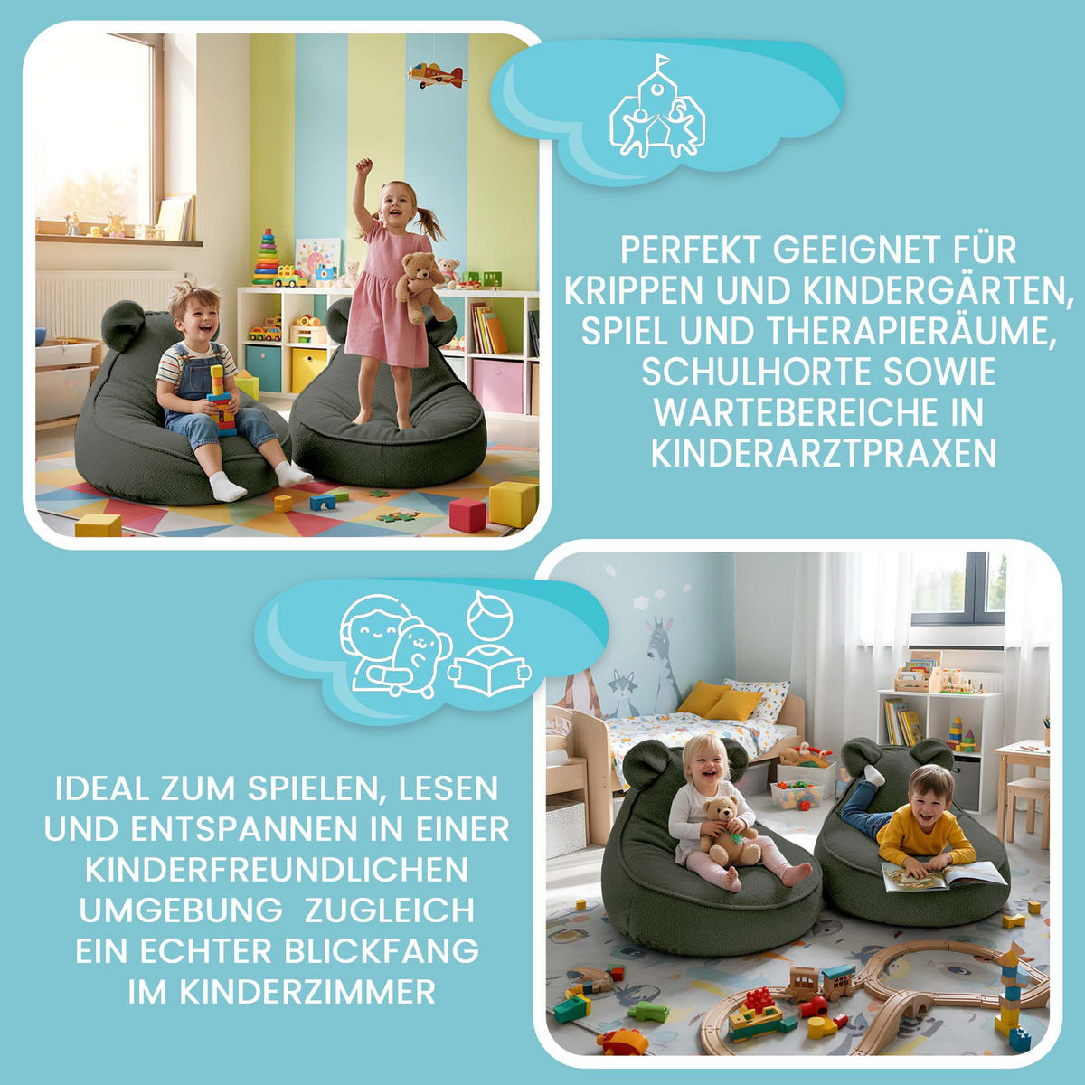SITZSACK FÜR KINDER Maus 75/75/55 cm, weicher Bouclé 315 g/m², abnehmbarer Bezug, Forest Whisper - Dunkelgrün, Textil (75/55/75cm) - Dreamroots