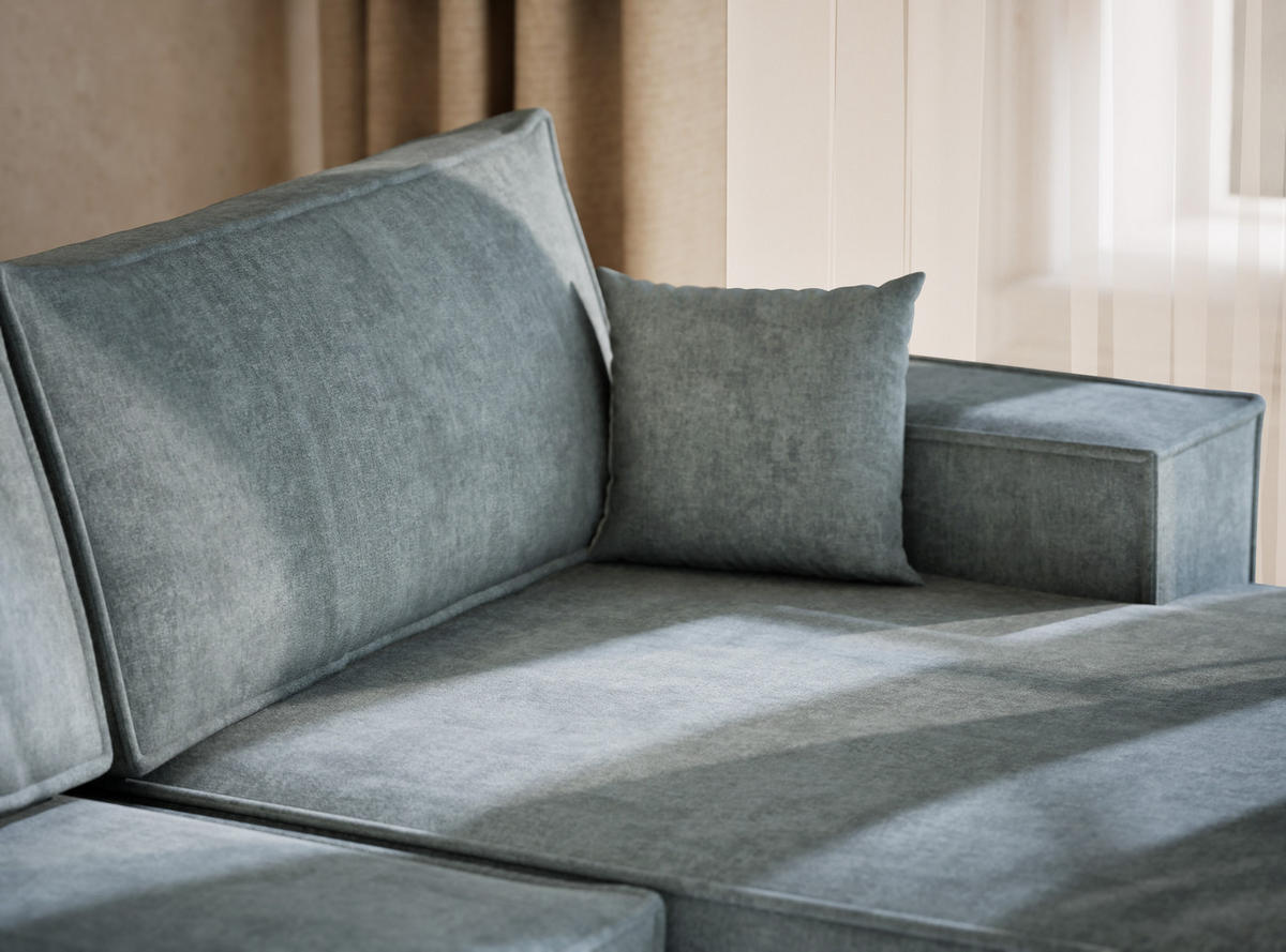 WOHNLANDSCHAFT Kyoto Hellblau Webstoff - Schwarz/Hellblau, Holz/Holzwerkstoff (398/70/148cm) - Maison de Reve