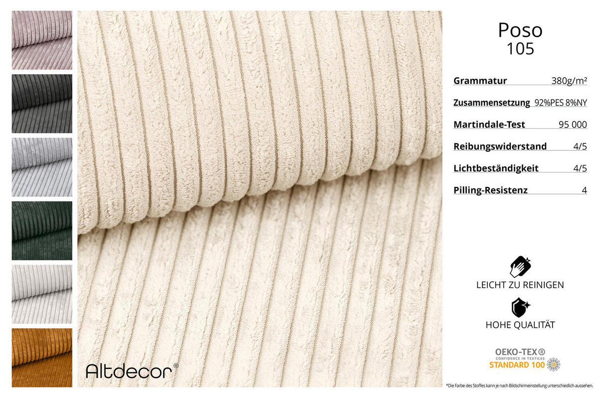 WOHNLANDSCHAFT MARI-U2 - 380x163x81 cm Beige Cord - Beige/Schwarz, Holzwerkstoff/Kunststoff (380/81/163cm) - ALTDECOR