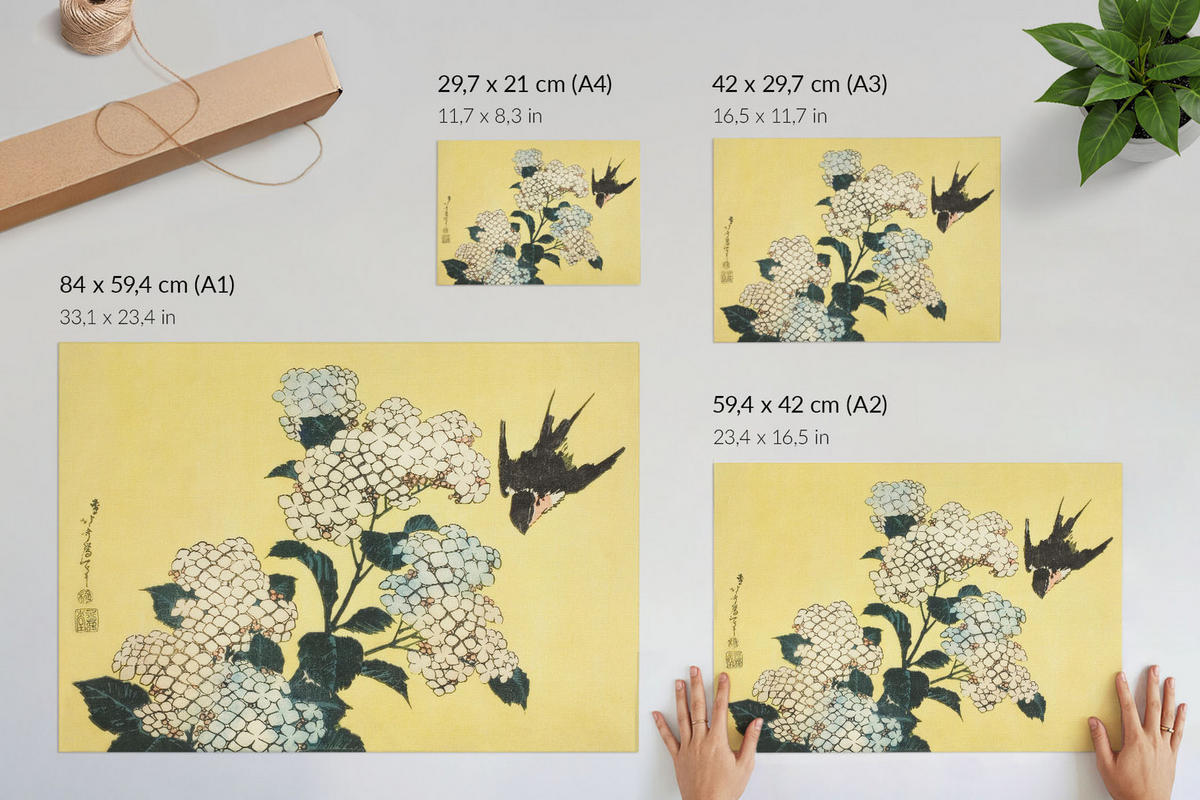 POSTER - 29x21 cm (A4) - Hokusai - Hortensie und die Schwalbe - Gelb, Textil (29.7/21/0.1cm) - TULUP