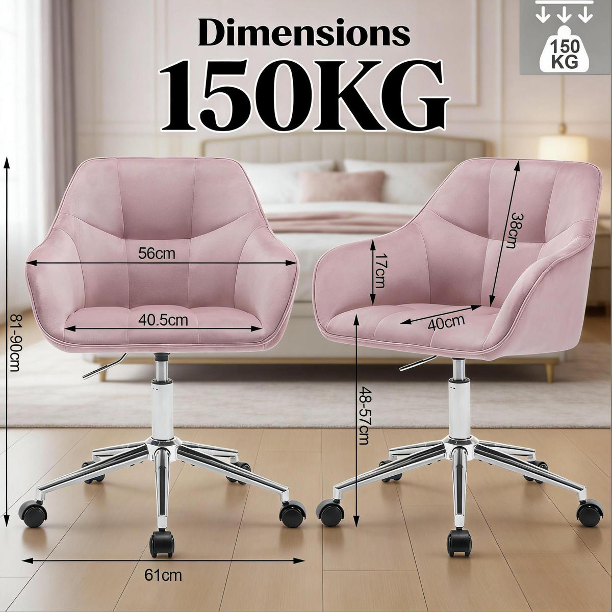 BÜROSTUHL höhenverstellbar drehbar Samt Pink - Pink, Metall (40.5/40/61cm) - Meubliv