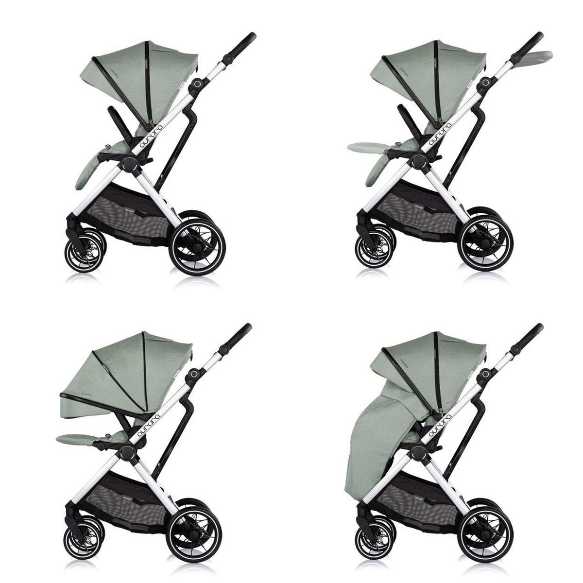 KOMBIKINDERWAGEN Aurora 3 in 1 grün EVA-Material, Aluminium, 3-Punkt-Gurt, Babywanne, Babyschale - Grün, Metall (84/57/112cm) - Chipolino