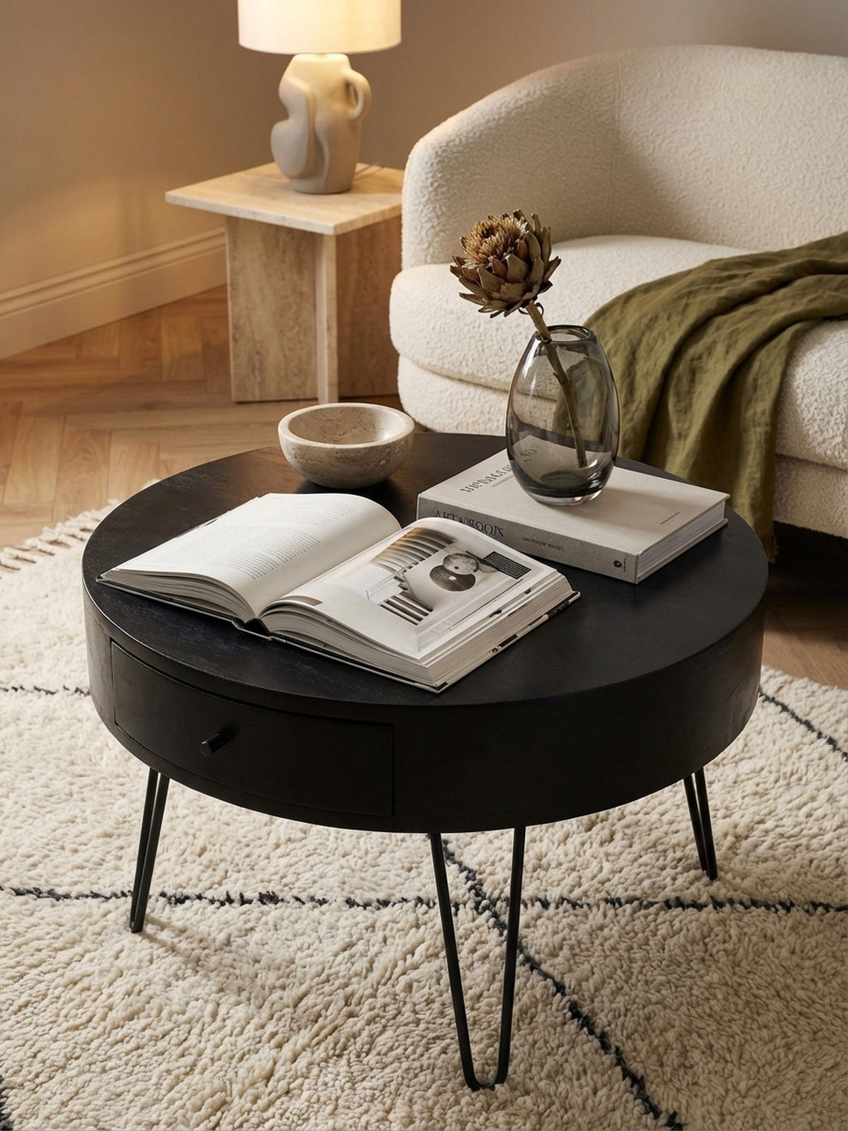 COUCHTISCH Rund Mango Massivholz Metall, 60x60x43 cm, mit Schublade, Stauraum und Haarnadelbeinen - Schwarz, Holz/Metall (60/60/43cm) - KADIMA DESIGN
