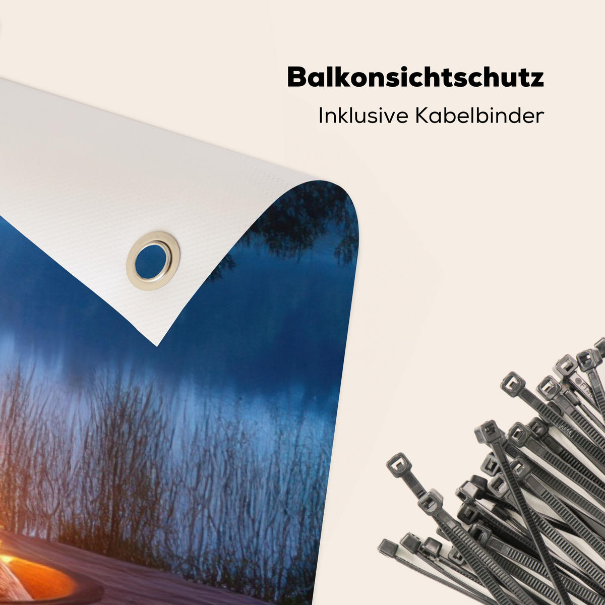 BALKON-SICHTSCHUTZ Lagerfeuer - See - Abendlicht - Dunkelblau, Kunststoff (200/110cm) - MuchoWow