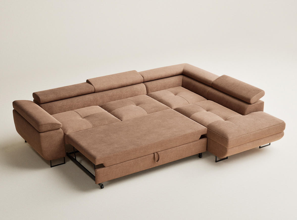 ECKSOFA Concord Hellbraun Chenille-Stoff - Rechts Seite - Hellbraun/Schwarz, Holz/Holzwerkstoff (277/203cm) - Maison de Reve