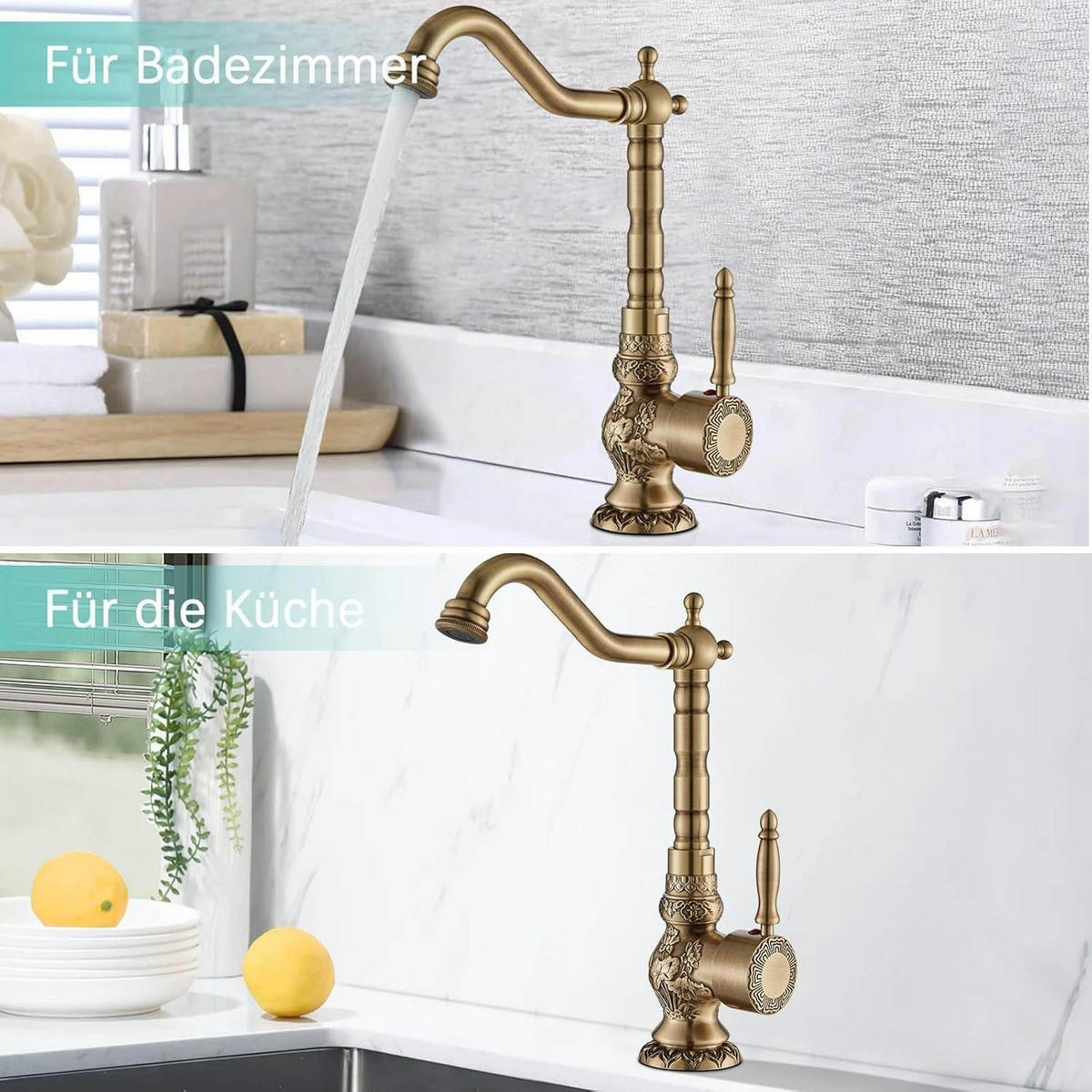 WASCHTISCHARMATUR Antik Messing 360° drehbar - Bronzefarben, Metall (7/35/15cm)