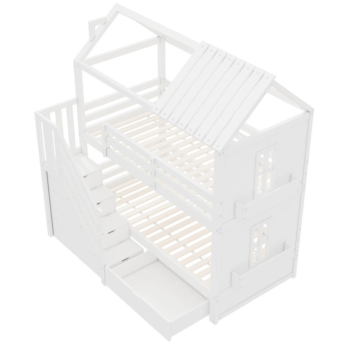 ETAGENBETT 90/200 cm mit Stauraumtreppe, Schubladen und Regalen, aus Kiefer/MDF, Weiß - Weiß, Holz (90/200cm) - Redom