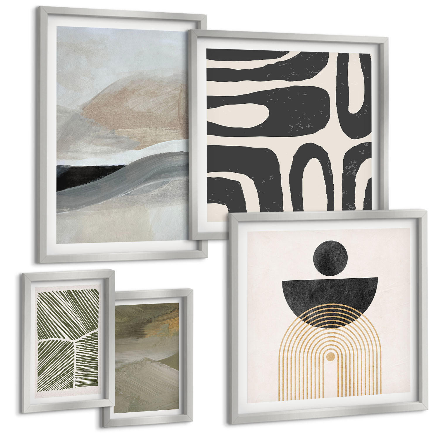 BILDER SET 5er Set - 50x50 cm & 20x30 cm & 40x60 cm Silberner Rahmen - Gemalte abstrakte Dekorationen - Silberfarben, Kunststoff (40/60cm) - TULUP
