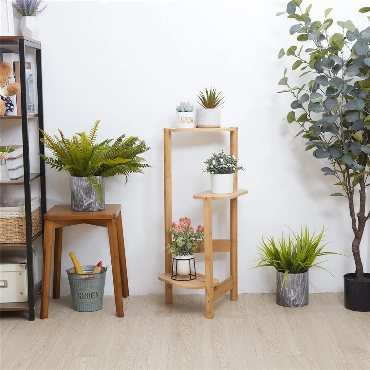 PFLANZENREGAL 3-Tier Bambus für Ecke Balkon und Schlafzimmer, Holz - Naturfarben, Holzwerkstoff (30.48/75/27.4cm) - Kaket