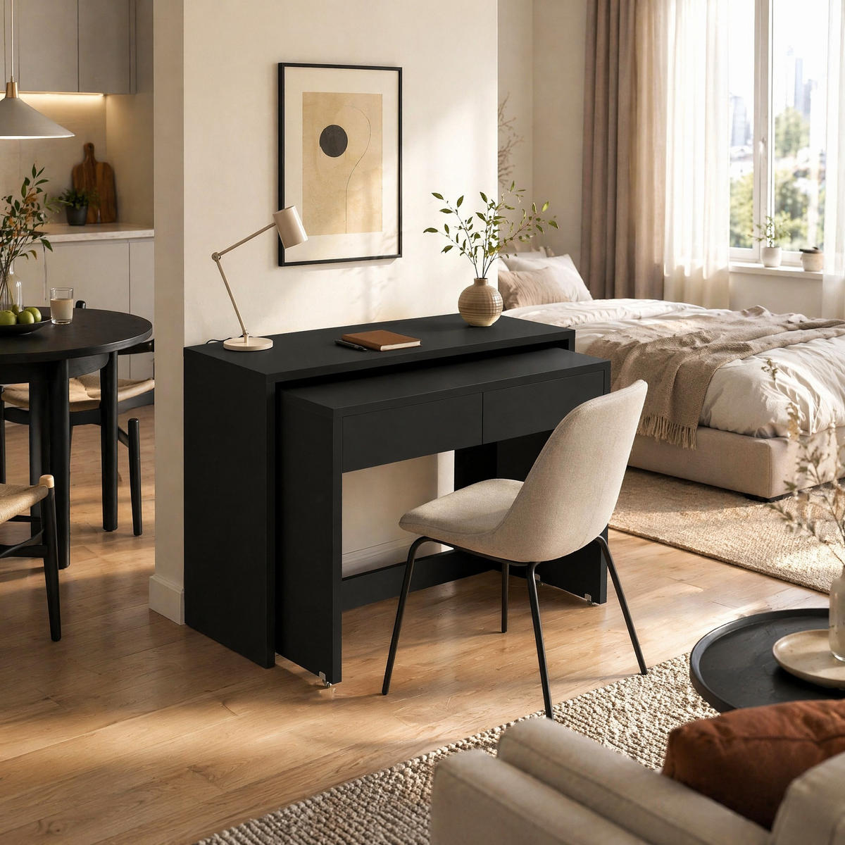 SCHREIBTISCH in Schwarz Bürotisch mit ausziehbarer Tischplatte, Rollen und faltbarer Funktion , B110/T40/H78cm - Schwarz, Holzwerkstoff/Metall (40/110/78cm) - STILVORA