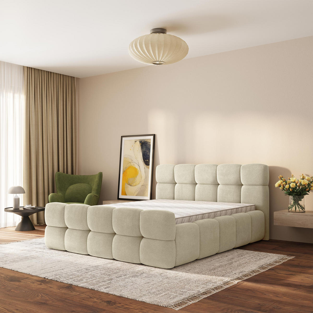 ČALOUNĚNÁ POSTEL ELIZJA 160x200 cm, s úložným prostorem, Krémová - SORO 02 - krémová, dřevo/textil (160/200cm) - MASSENO