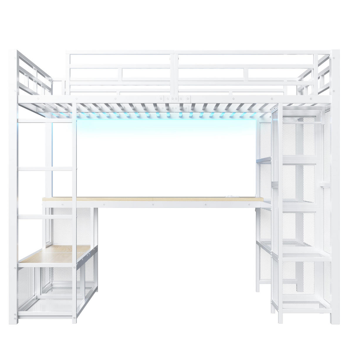 HOCHBETT 140x200 cm in Weiß mit Schreibtisch, offenem Kleiderschrank und LED-Beleuchtung - Weiß, Holzwerkstoff (140/200cm) - IVMEU