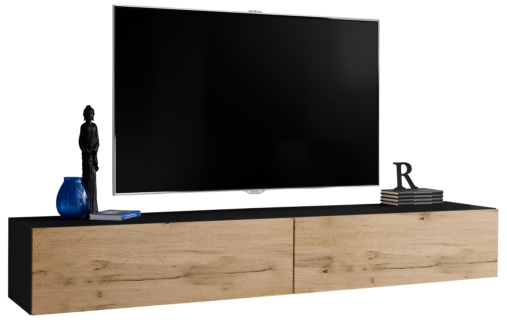 Komodee Tv-Hängeboard Schwarz, Eiche Wotan 200x30x41.5 cm