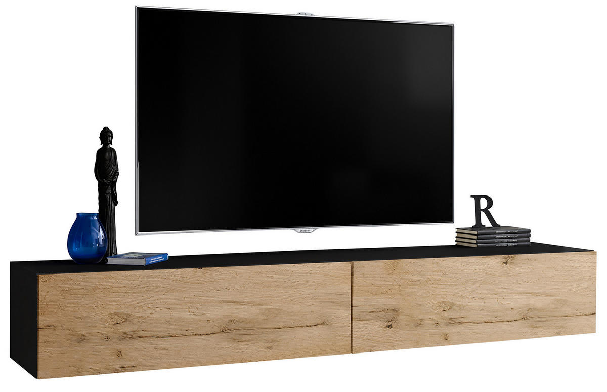 TV-HÄNGEBOARD LORETO, Schwarz, Wotan - Eiche Wotan/Schwarz, Holzwerkstoff (200/30/41.5cm) - Komodee
