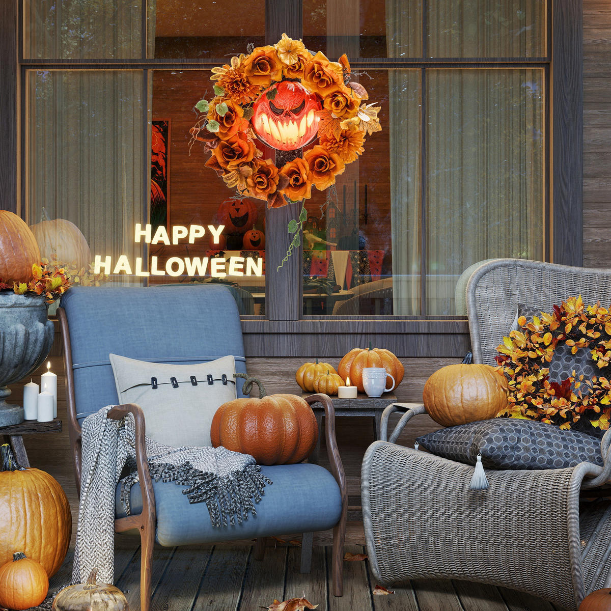 HALLOWEEN Dekoration Hängender Kürbis-Kranz mit 44 LEDs mit Flammeneffekt - Orange, Textil (9/44/44cm) - Outsunny