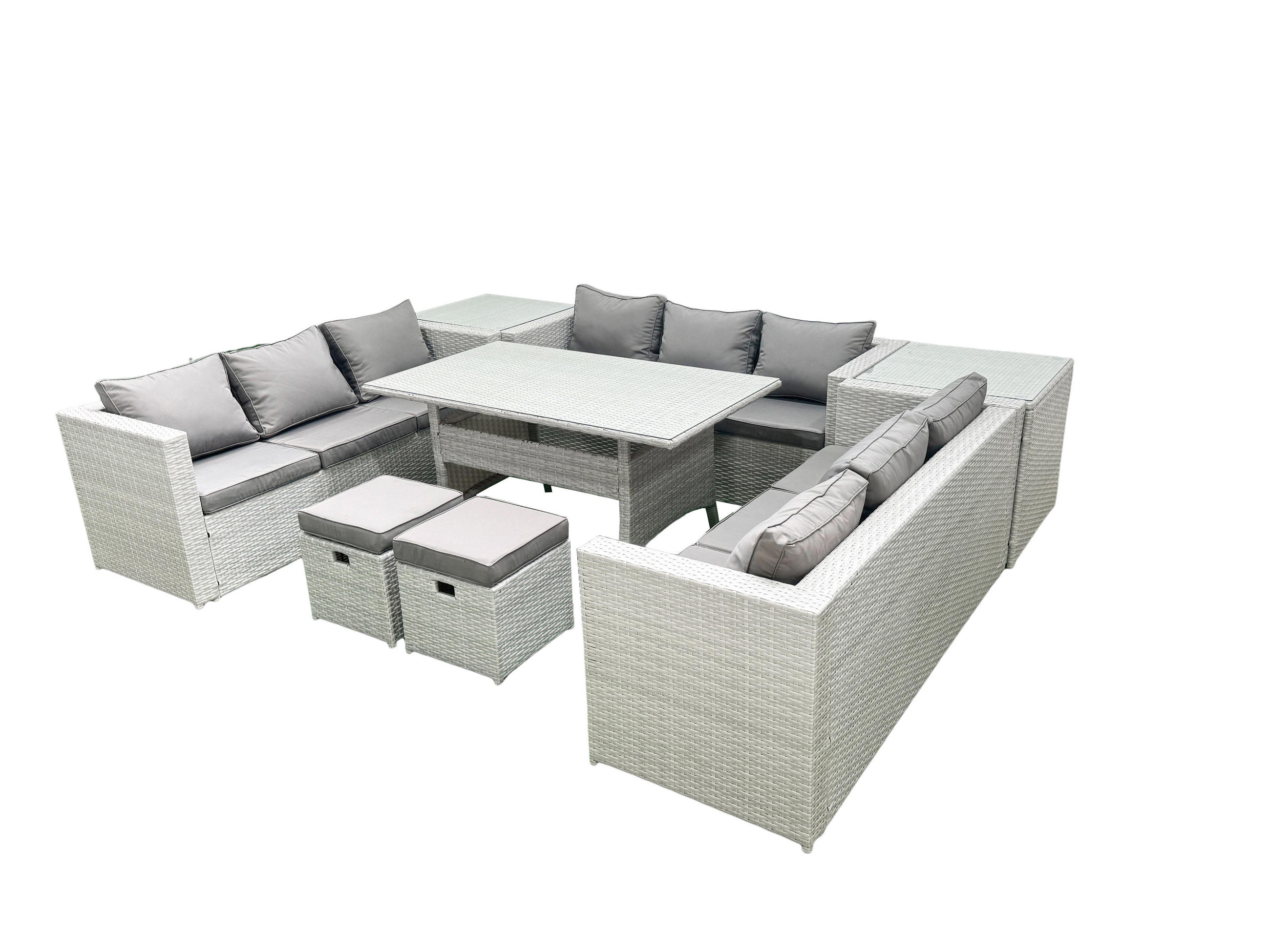 GARTENSET mit Esstisch,Sofa,2 Beistelltischen,2 Kleiner Fußhocker Polyrattan Hellgrau 11-Sitzer - Hellgrau/Grau, Glas/Kunststoff - Fimous