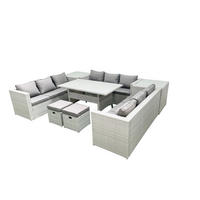 GARTENSET mit Esstisch,Sofa,2 Beistelltischen,2 Kleiner Fußhocker Polyrattan Hellgrau 11-Sitzer - Hellgrau/Grau, Glas/Kunststoff - Fimous