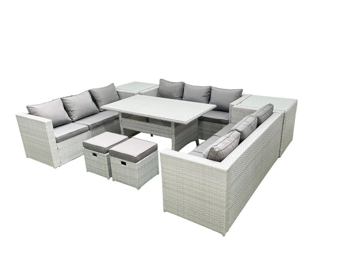 GARTENSET mit Esstisch,Sofa,2 Beistelltischen,2 Kleiner Fußhocker Polyrattan Hellgrau 11-Sitzer - Hellgrau/Grau, Glas/Kunststoff - Fimous
