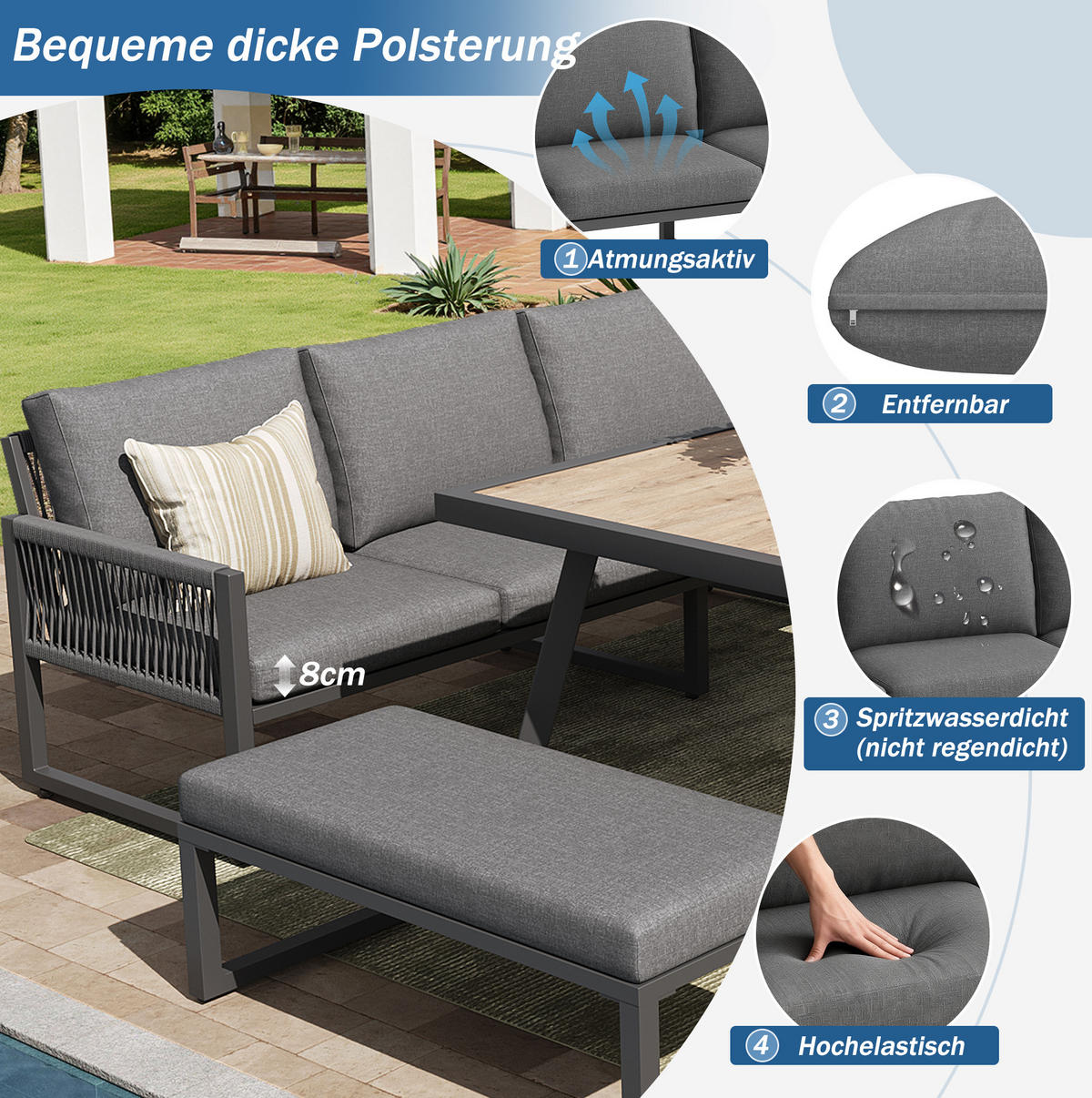 GARTENLOUNGE 184/64/80 cm grau aus Metall, Glas und Polyester mit Tisch und Kissen - Grau, Metall - OKWISH