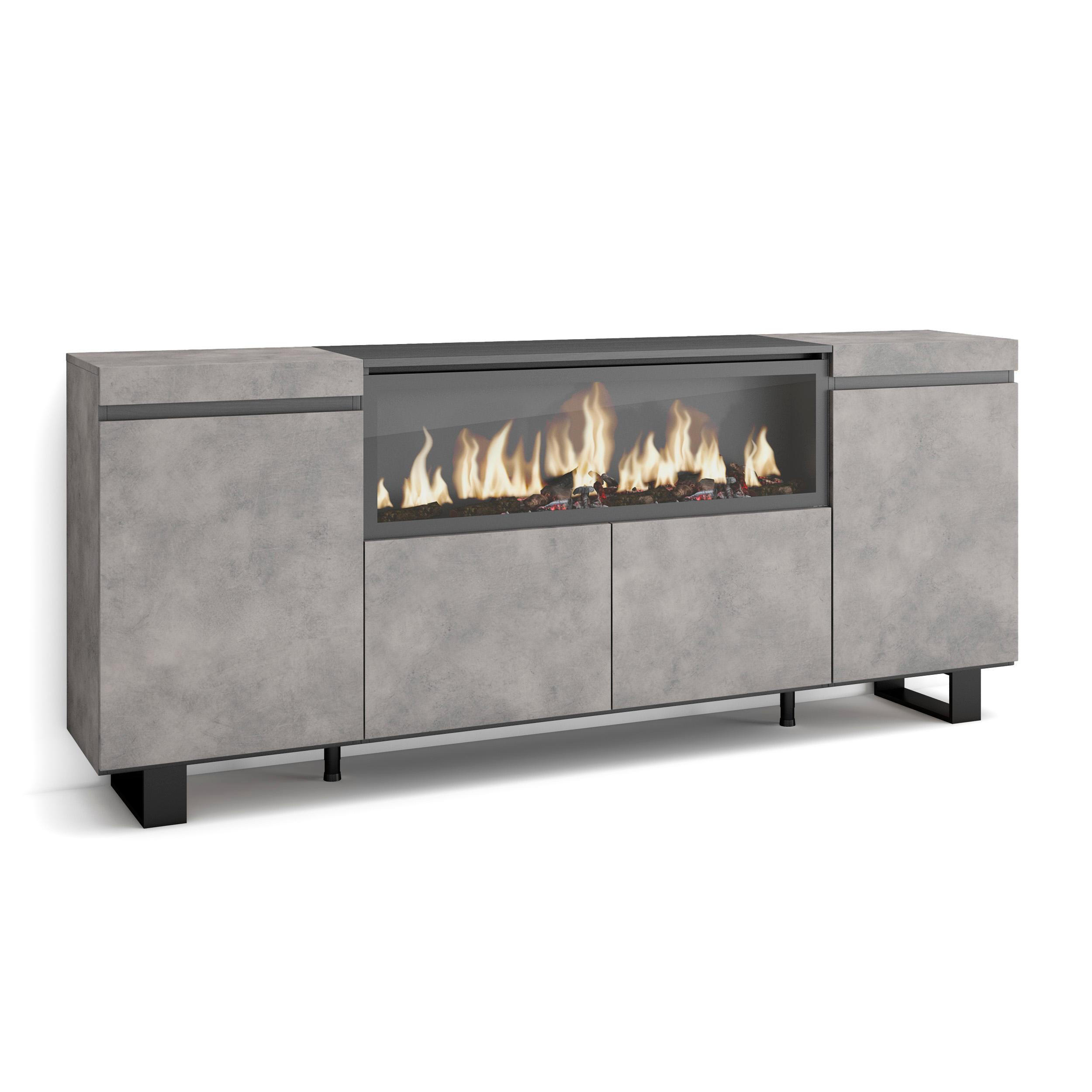 SIDEBOARD Highboard, Elektrokamin XXL, zementgrau, 208/35/87cm - Multicolor/Schwarz, Holzwerkstoff (208/87/35cm) - Skraut Home