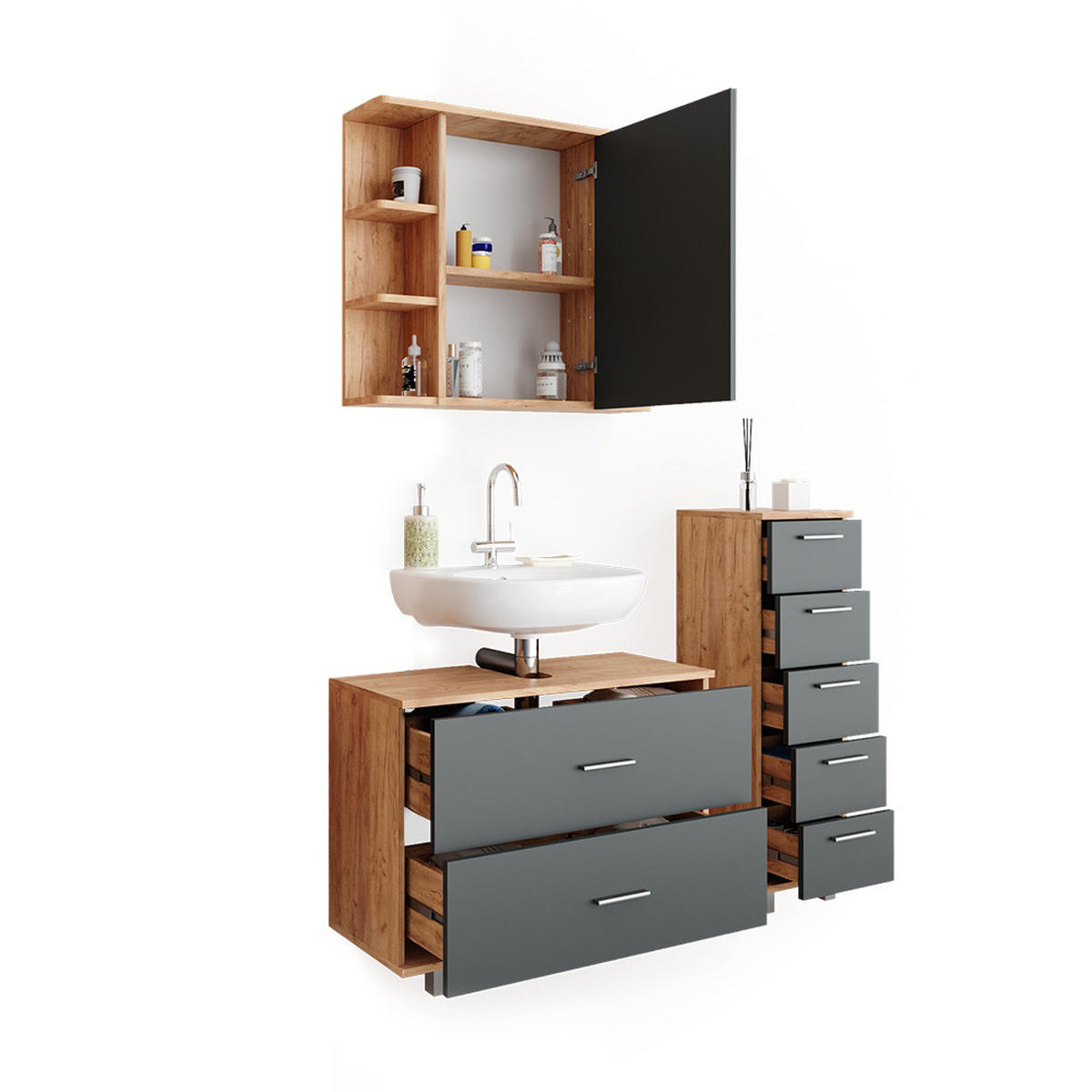 BADMÖBEL-SET Ilias Anthrazit/Goldkraft Eiche 3 Teile mit Unterschrank 80 cm - Honigeiche/Anthrazit, Holzwerkstoff (80/60/33cm) - Vicco